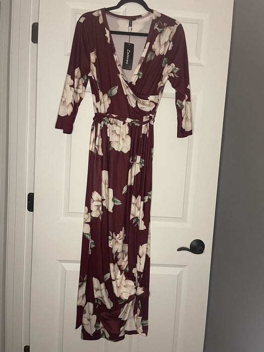 Zattcas Long Sleeve Dress Large Maroon With Multi Floral W Belt Nwt 