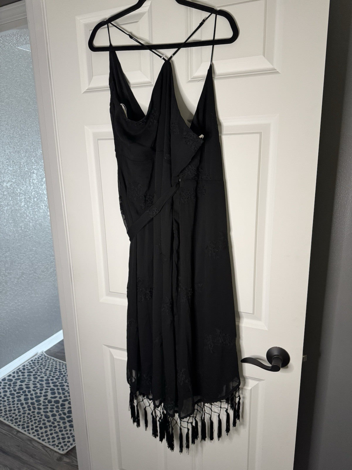 Lulus Wrap Dress Tie W Fringe High Low Black W Floral Stitching Xl