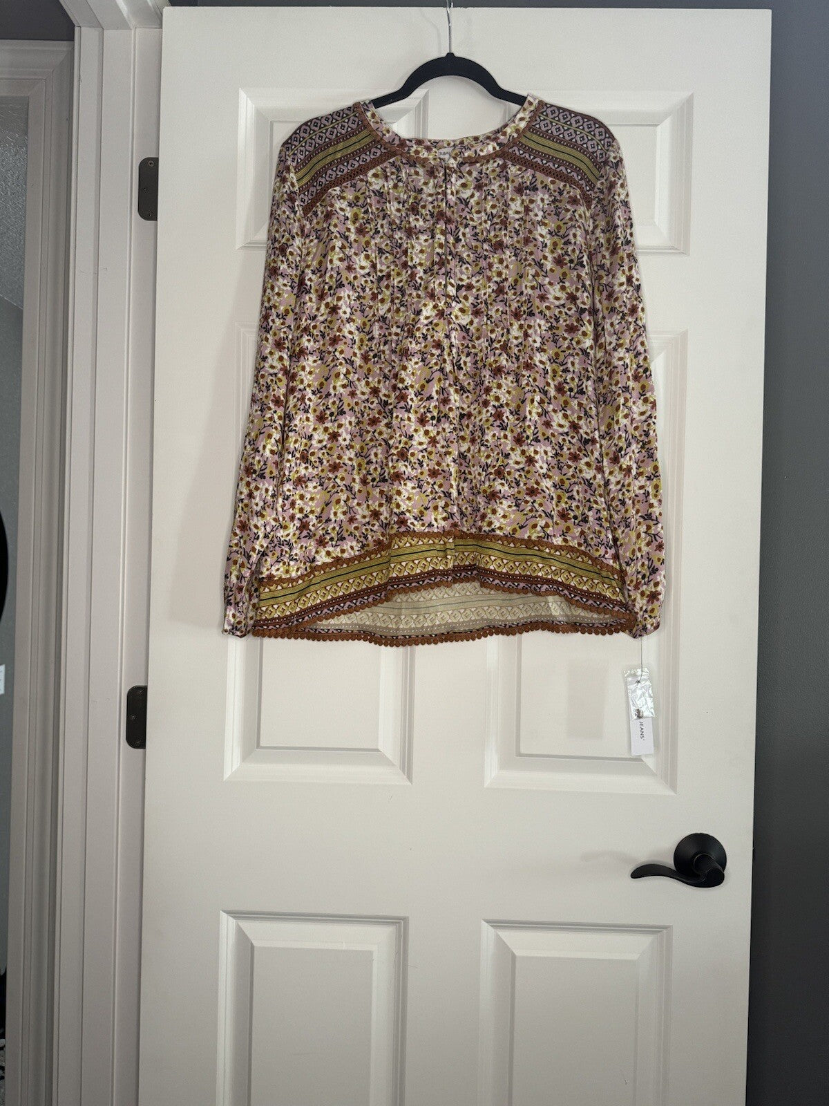 Tribal Jeans long Sleeve Blouse Pink Brown Green Rust Multi Print Large  Nwt