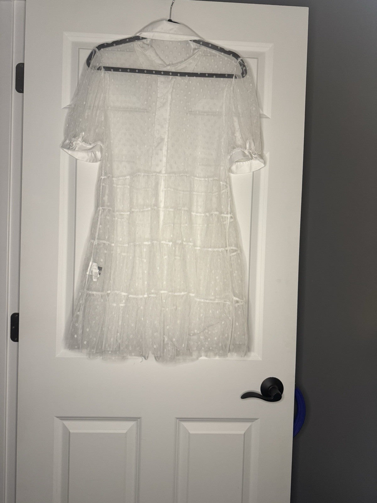 SHEIN Short Sleeve Button Up Mesh Blouse White Polka Dot Large 