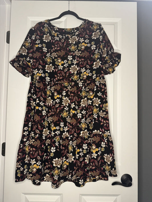 AGB Short Sleeve Dress Large Black W Multi Floral Print Nwt 