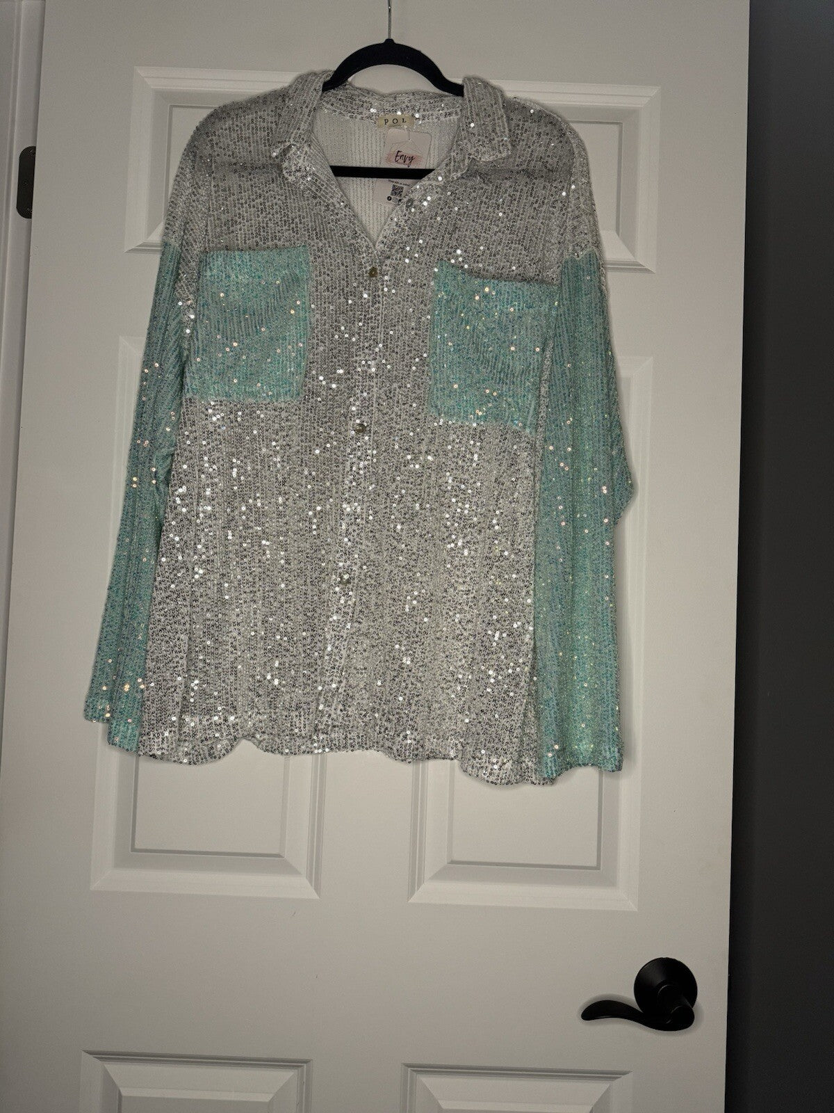 Pol Button Up Sequins Blouse Large Silver Blue Sleeves Pockets Nwt 62