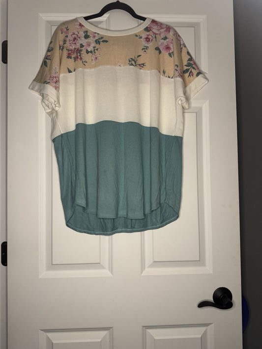 7th Ray Short Sleeve Blouse Xl Green White Peach Floral Nwt 34