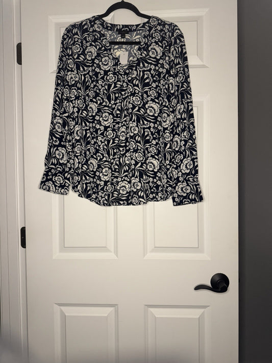 Ann Taylor V Neck Long Sleeve Blouse Large Blue White Floral Nwt 59.99