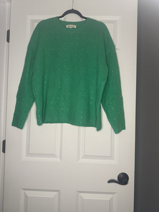 Vine And Love Sweater Large Green Ribbed With Beading 