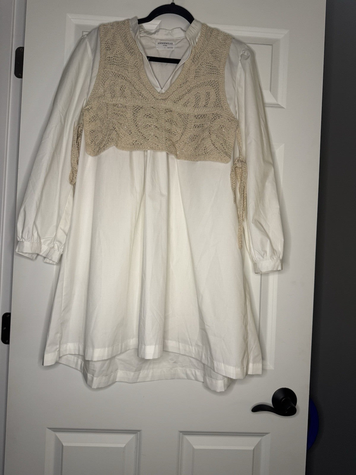 Anniewear Large Dress White W Crochet Bibbing Beige 
