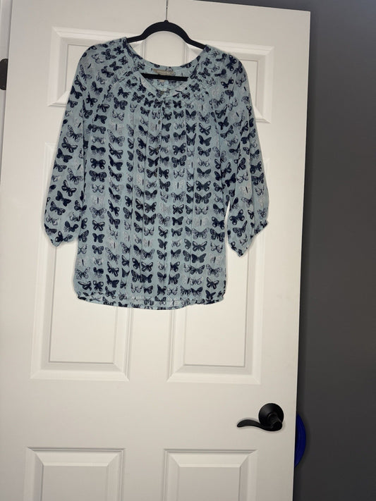 Banana Republic 3/4 Sleeve Blouse Sheer Blue W Blue White Butterfly Print 
