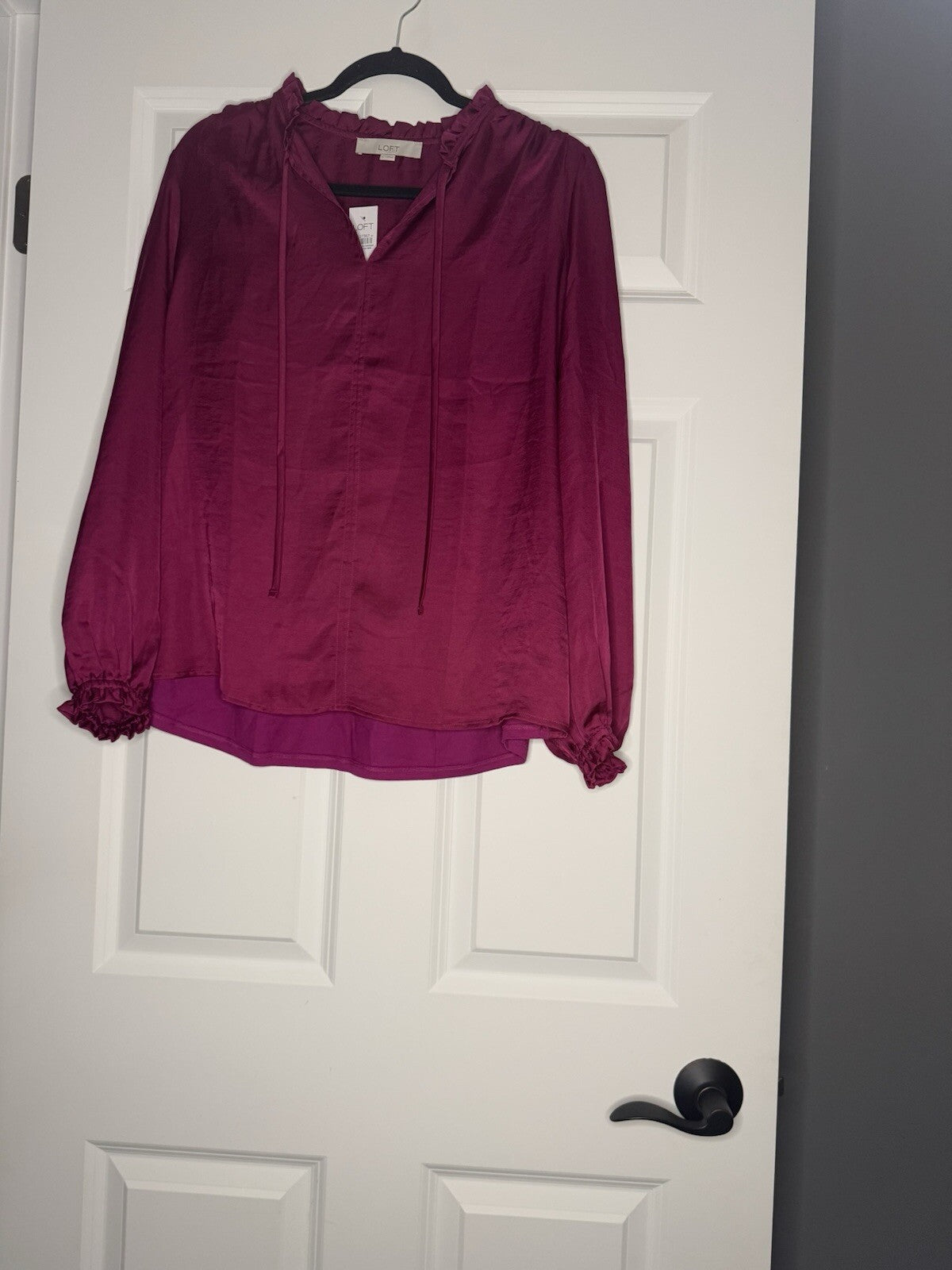 Loft Long Sleeve Blouse Ruffle Trim Pinkish Red Large Shiny Nwt