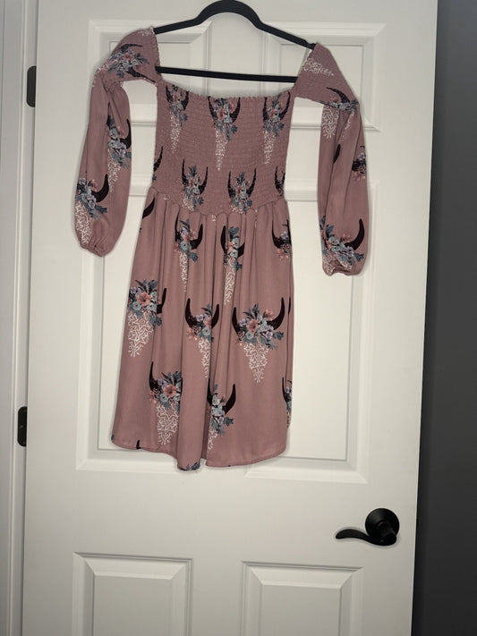 Peach Love Off Shoulder Dress Small Mauve W Multi Floral 