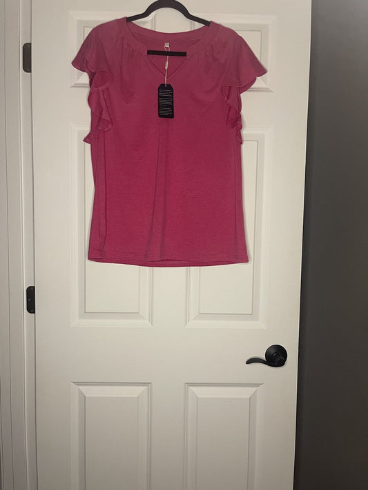 Sampeel Short Sleeve Ruffle Blouse Large Pink Nwt 