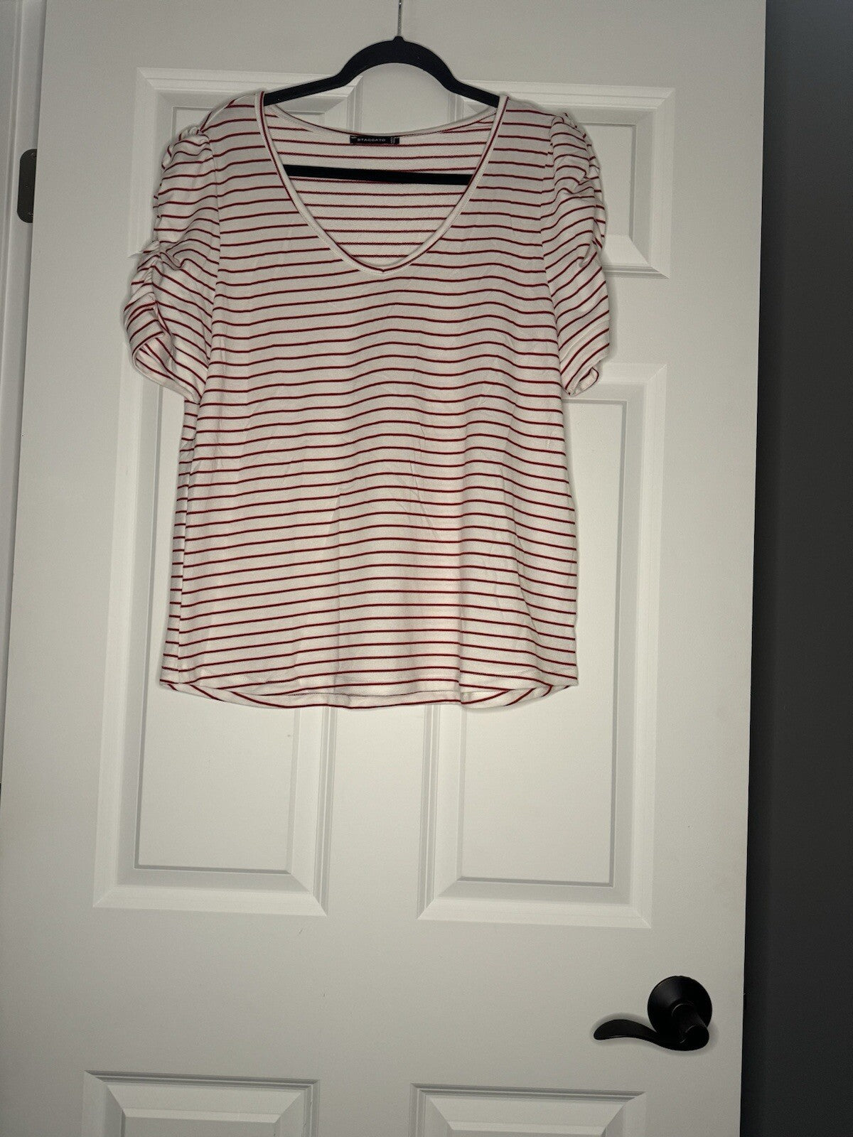 Staccato Short Sleeve Cinch Sleeve Blouse Xl Red White Stripe 