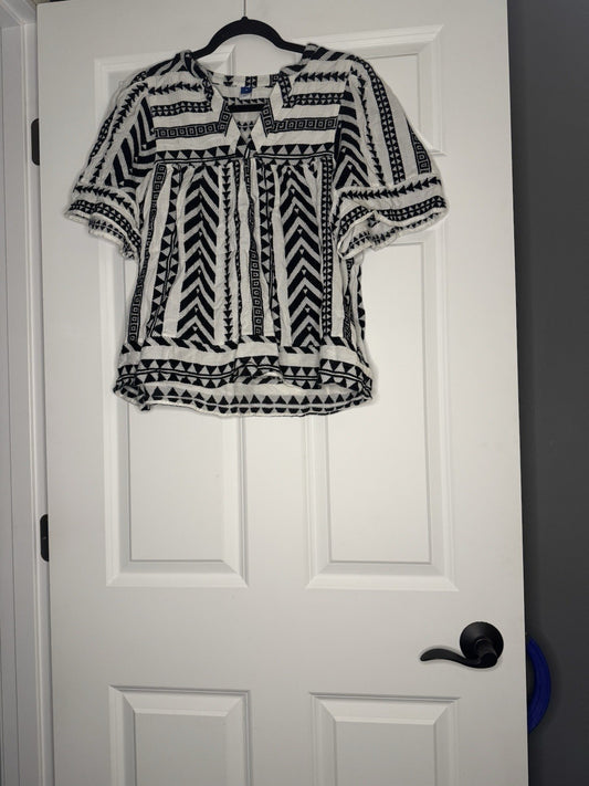 Old Navy Short Sleeve Blouse Medium White W Black Stitching Print