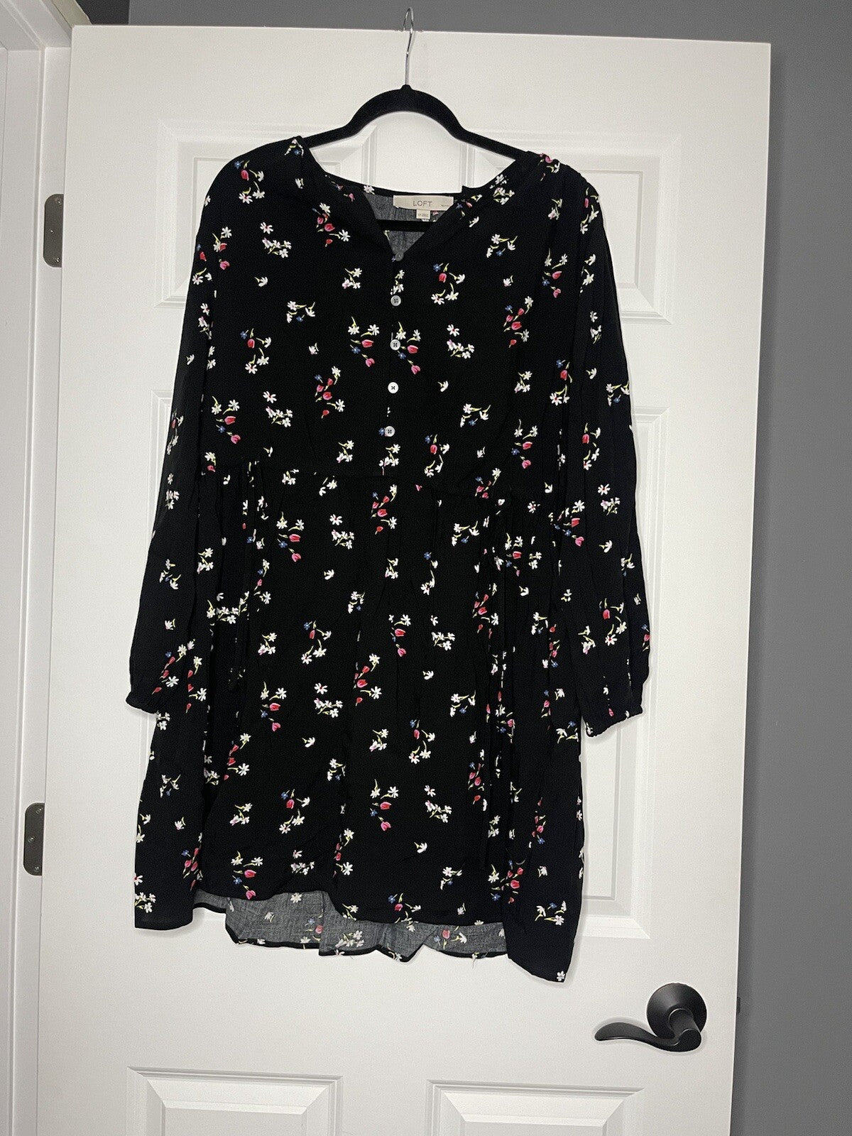 Loft Long Sleeve Dress Large Petite Black W Multi Floral Nwt Msrp 89.50