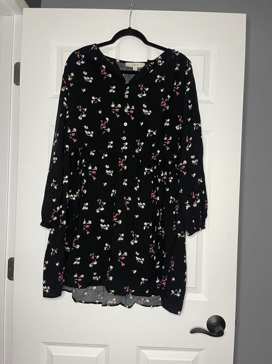 Loft Long Sleeve Dress Large Petite Black W Multi Floral Nwt Msrp 89.50