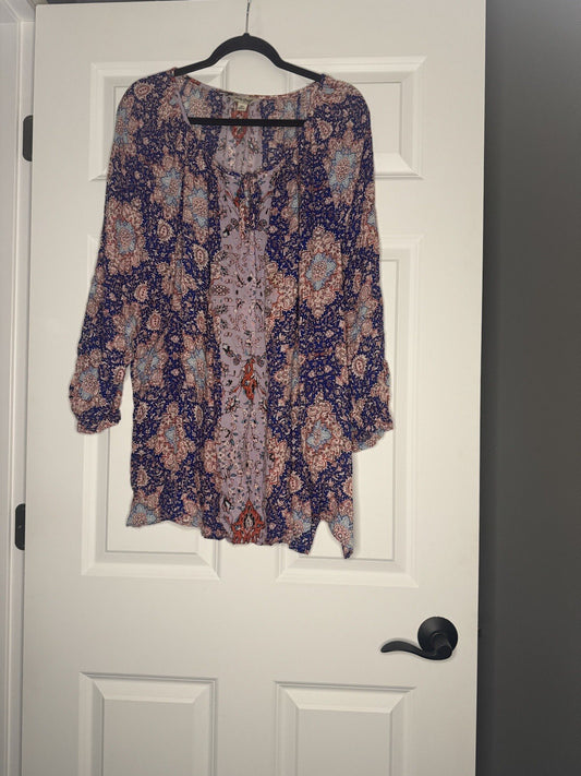 Lucky Brand Button Up 3/4 Sleeve Blouse 3x Purple Pink Blue Beige Red Print 