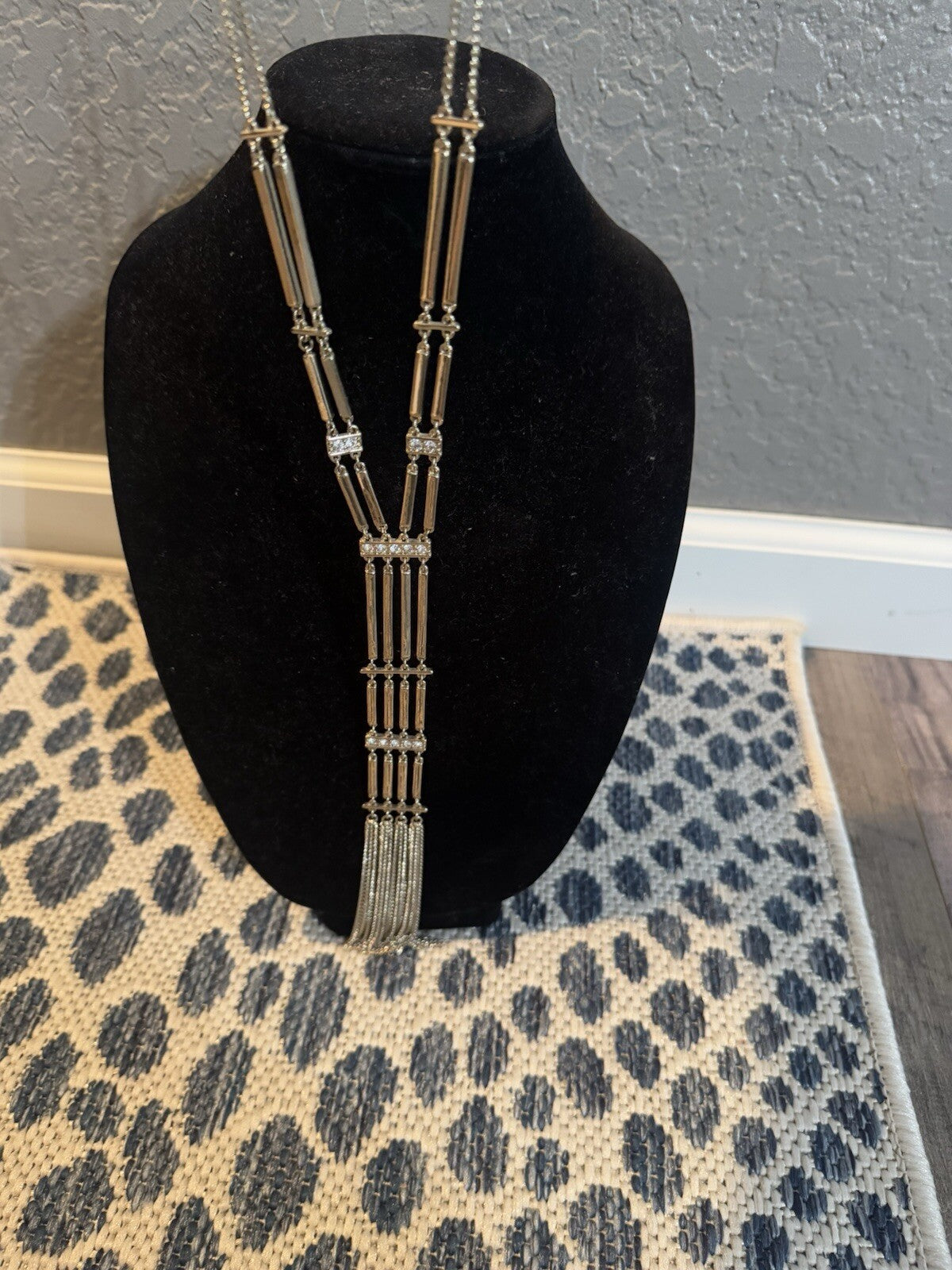 White House Black Market Long Silver Rhinestone Necklace 