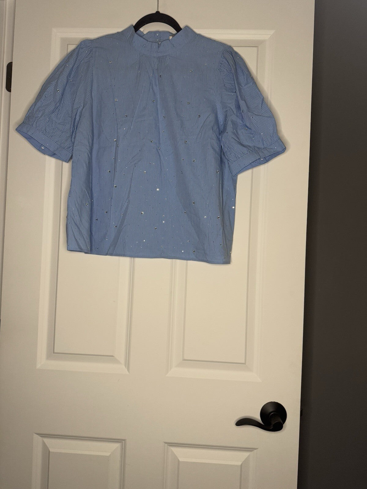 Loft Short Sleeve Blouse Large Blue White Striped With Beading Nwt 