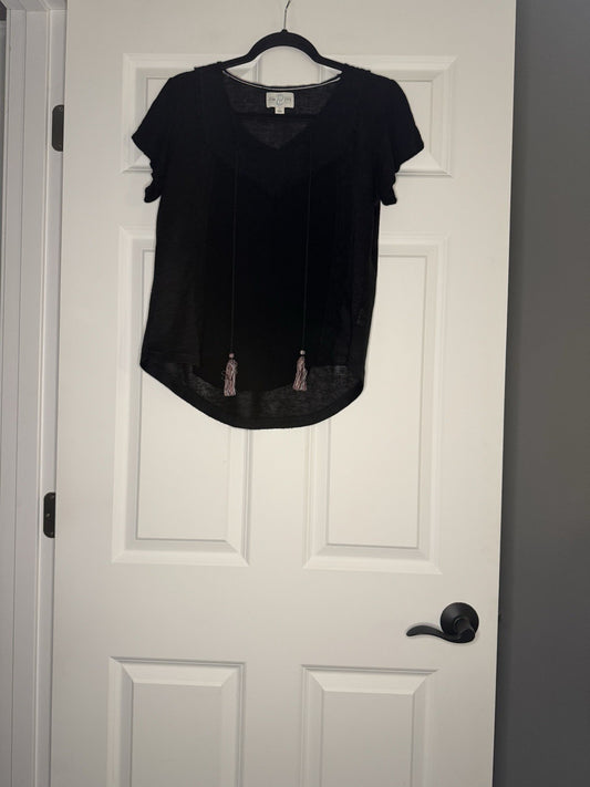 June And Ivy Short Sleeve Top Small Black Lace With Multicolored Tassles
