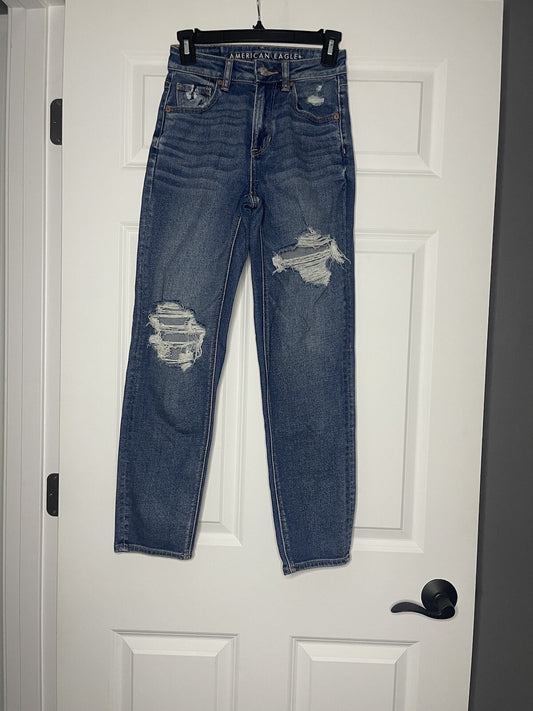 American Eagle Stretch Mom Straight Jeans 00 Distressed Blue 