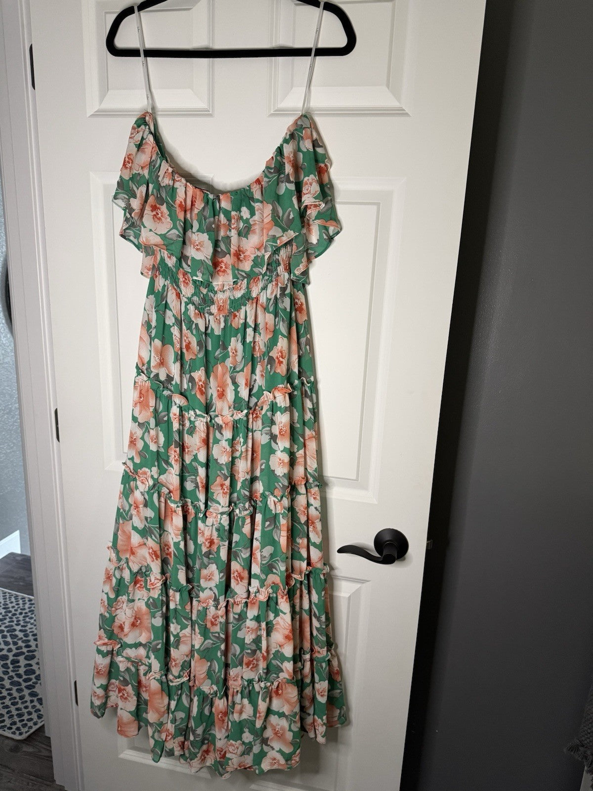 Lulus Strapless Long Dress Xl Green W Peach Gray White Floral 