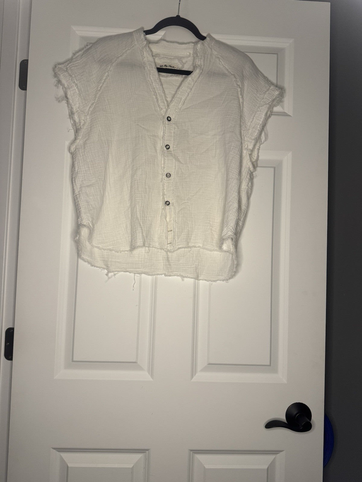 Free People Short Sleeve Button Up Large Frayed Edges White