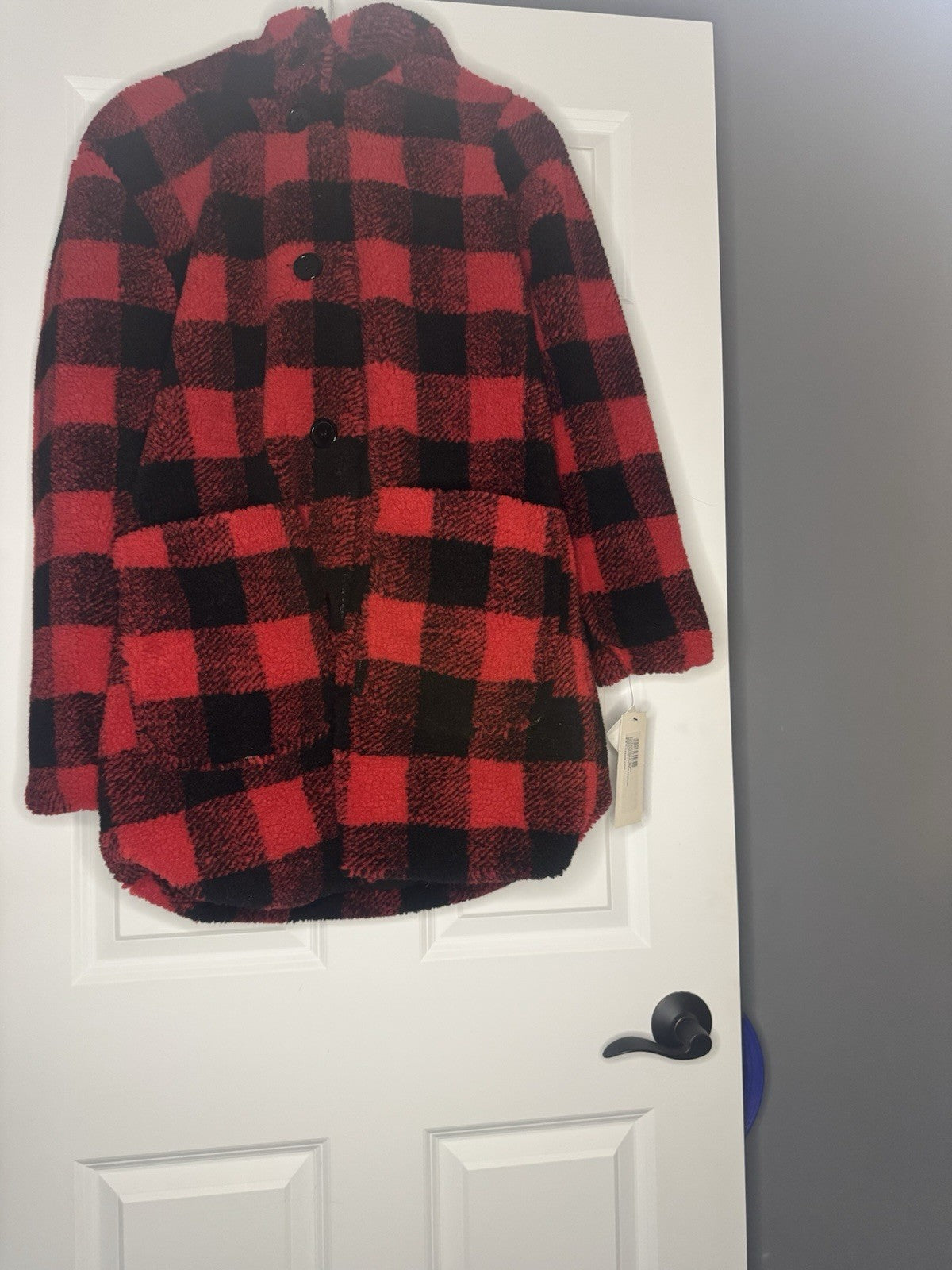 Kensie Reversible Coat With Attached Hood Red Black Checkered Medium Nwt