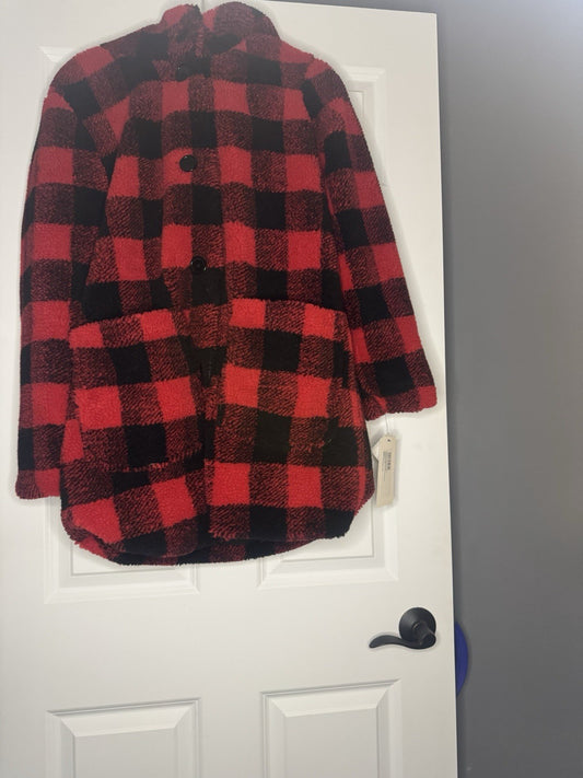 Kensie Reversible Coat With Attached Hood Red Black Checkered Medium Nwt