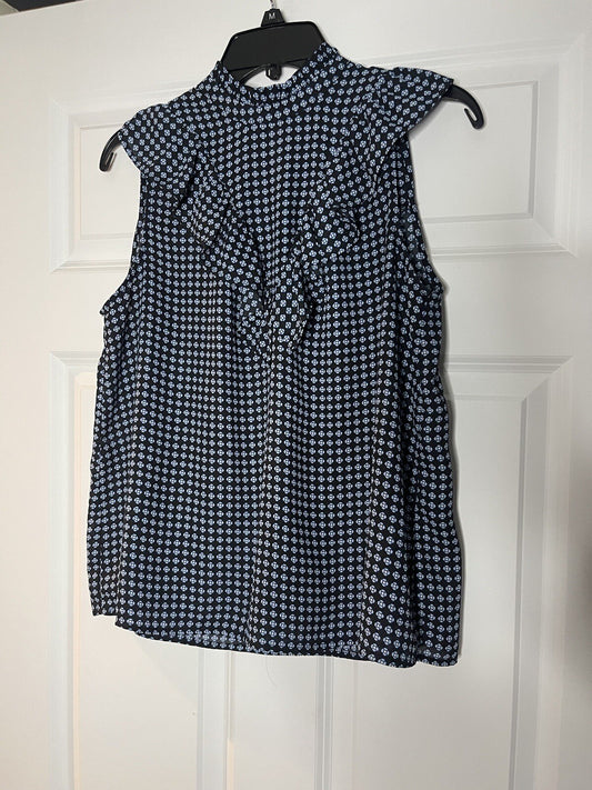 Who what wear sleeveless blouse medium black with blue and white print 