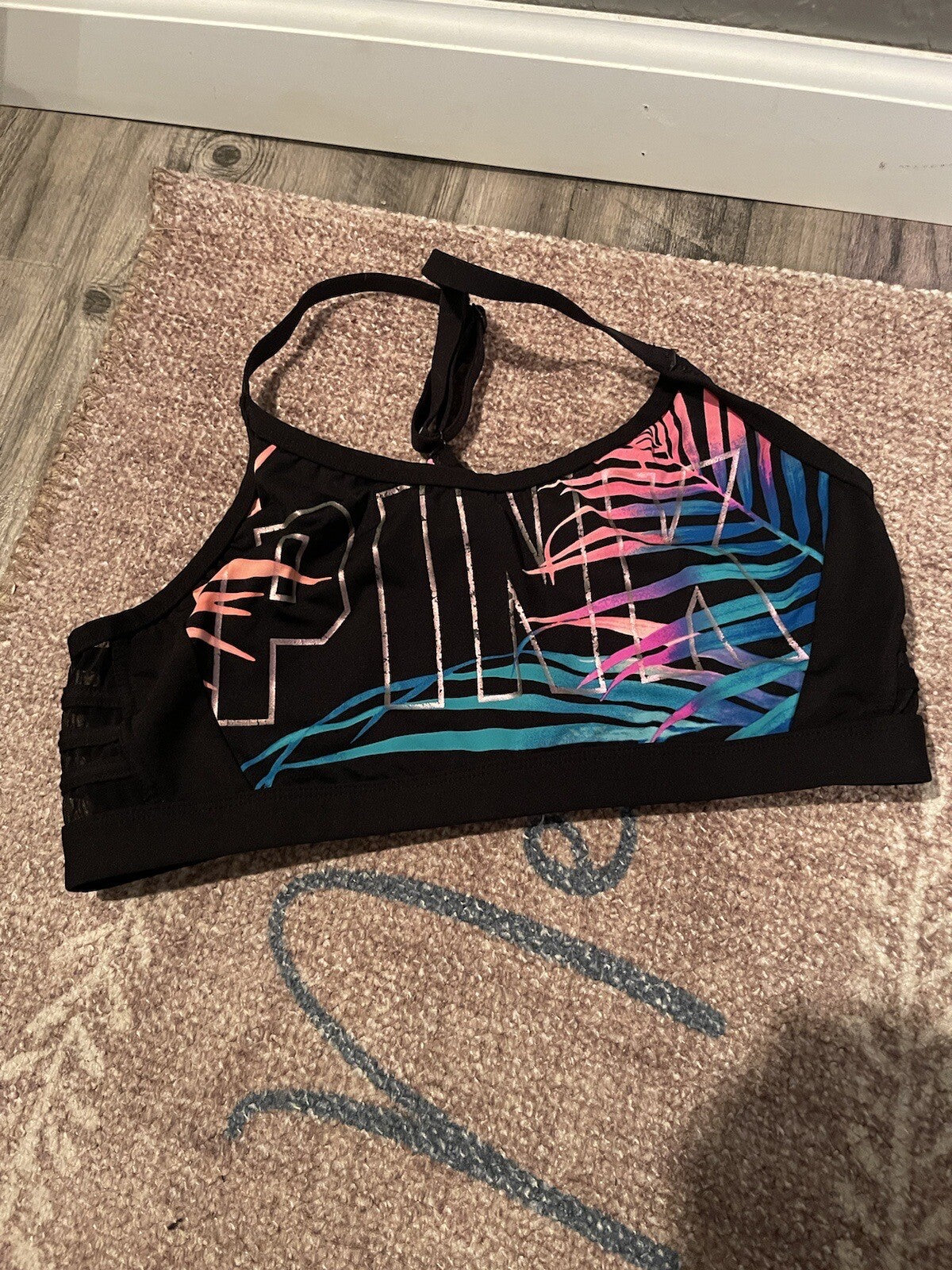 Pink Ultimate Unlined Sports Bra Large Black W Multi Lettering 