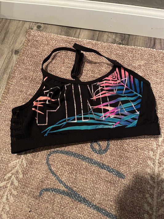 Pink Ultimate Unlined Sports Bra Large Black W Multi Lettering 