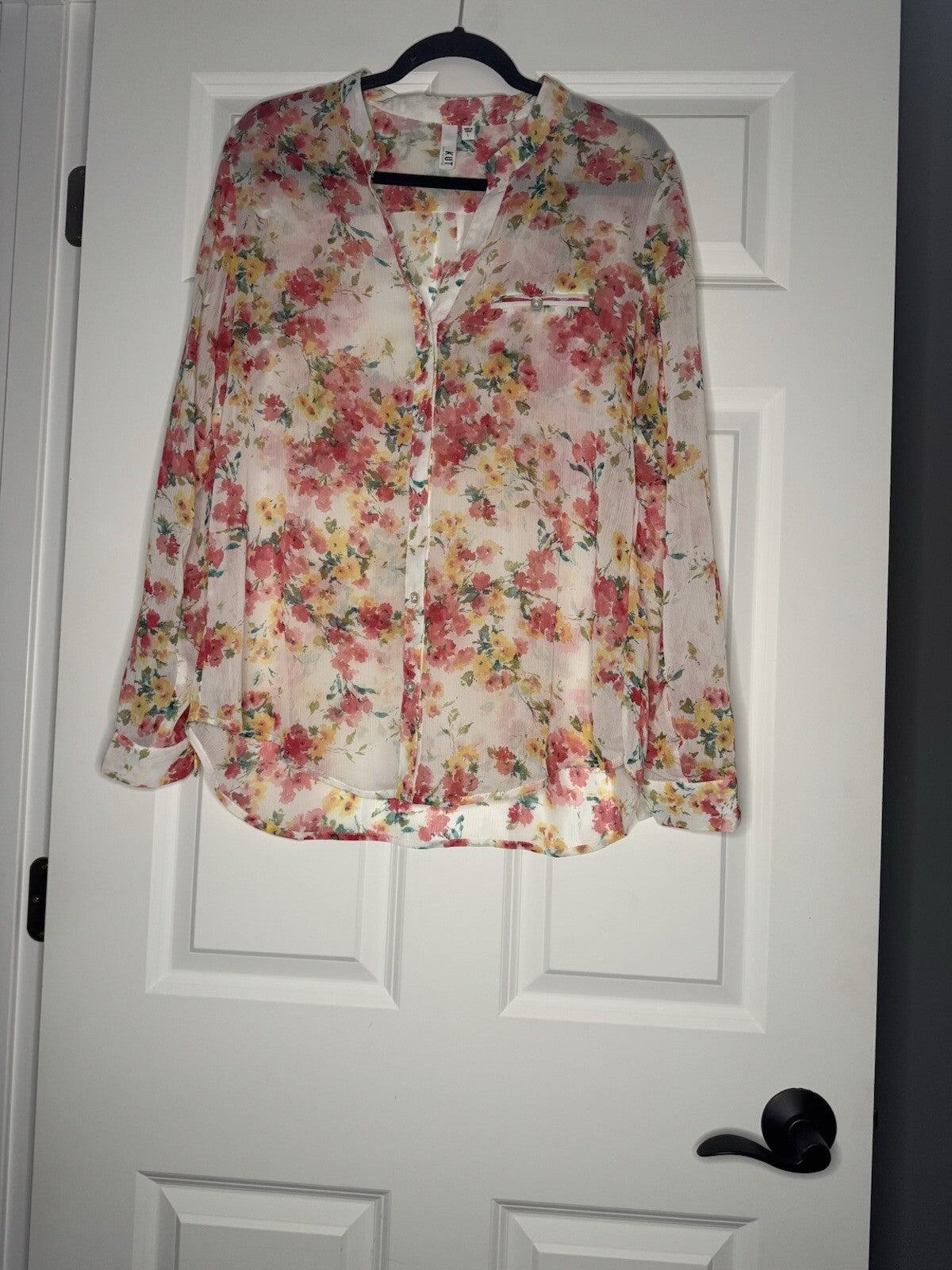 Kut From Kloth Sheer Button Up Blouse Large Floral Multicolor Print