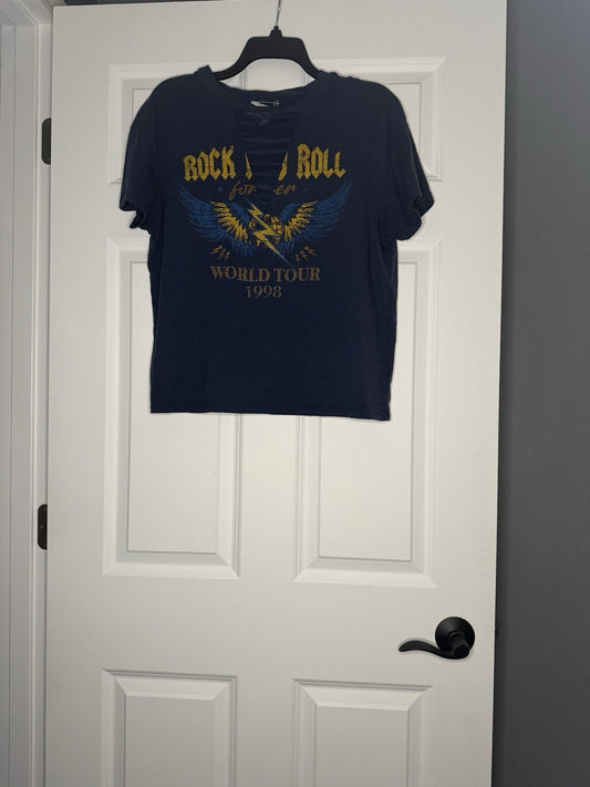 Modish Rebel Short Sleeve Top Medium Mesh Cut Out Chest Blue W Multi Color