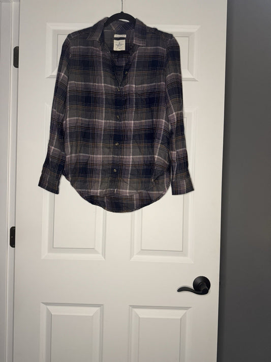 American Eagle Boyfriend Fit Button Up Small Purple Blue Rust Gray Plaid