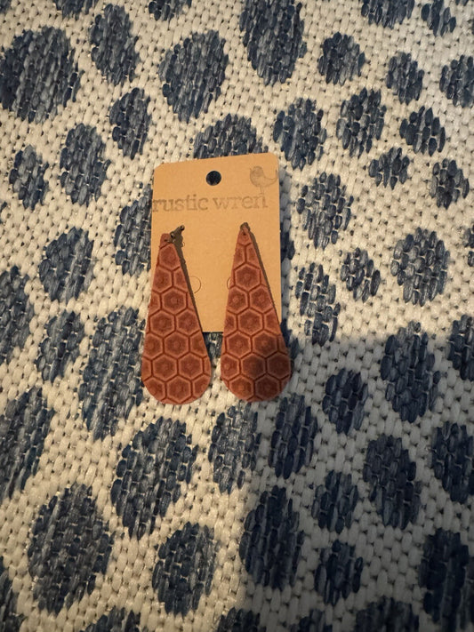 Rustic Wren Earrings Rust Print Leather New