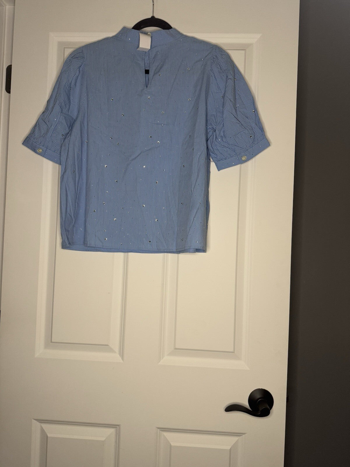 Loft Short Sleeve Blouse Large Blue White Striped With Beading Nwt 