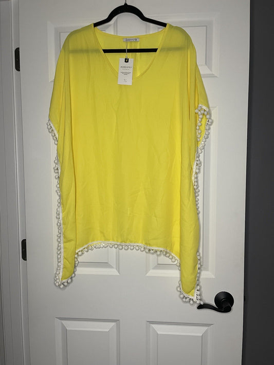 Adreamly swimsuit coverup yellow w white Pom decor medium NWT