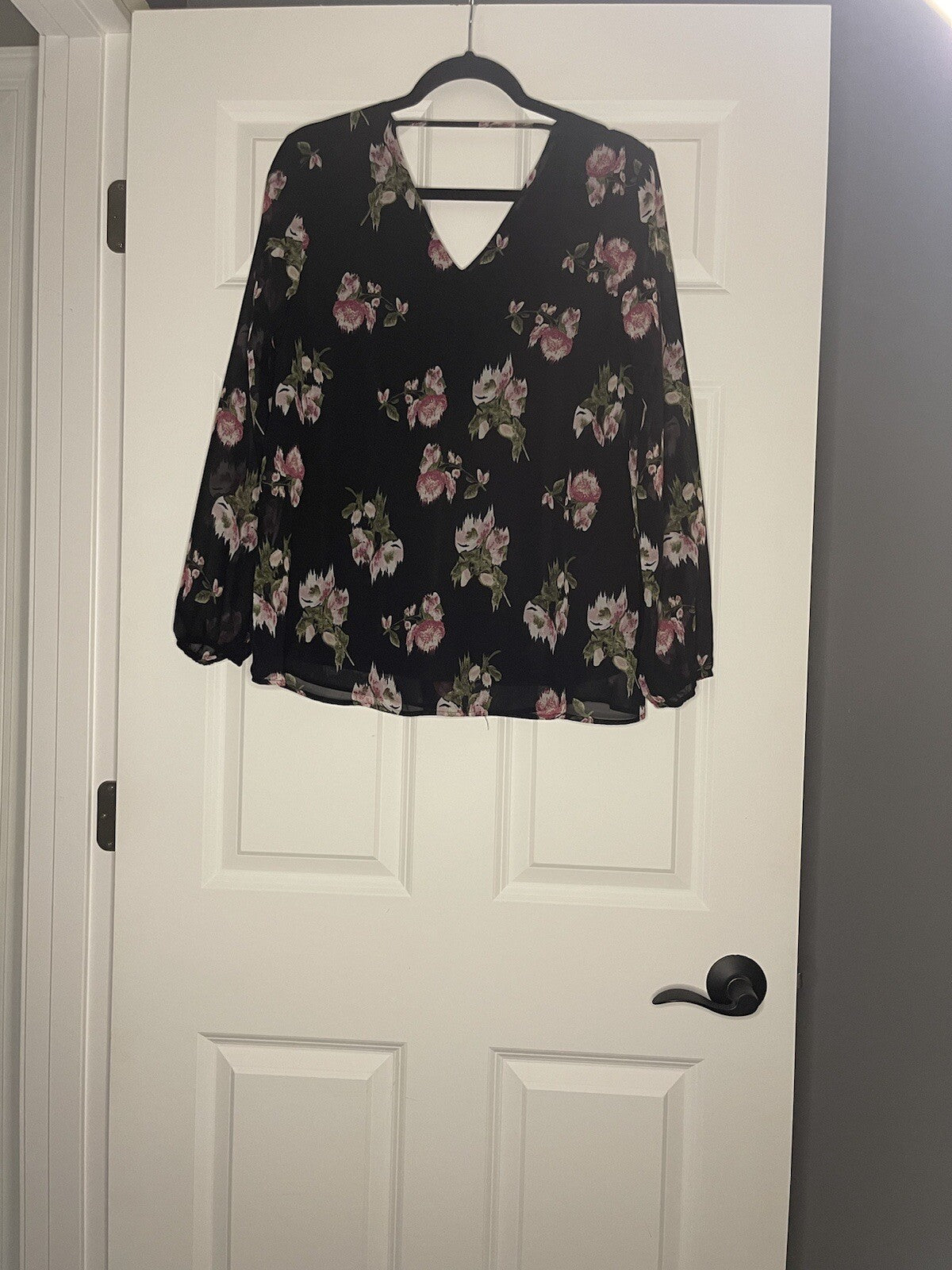 Daniel Rainn Long Sleeve Blouse Medium Black A Pink Green White Floral Print