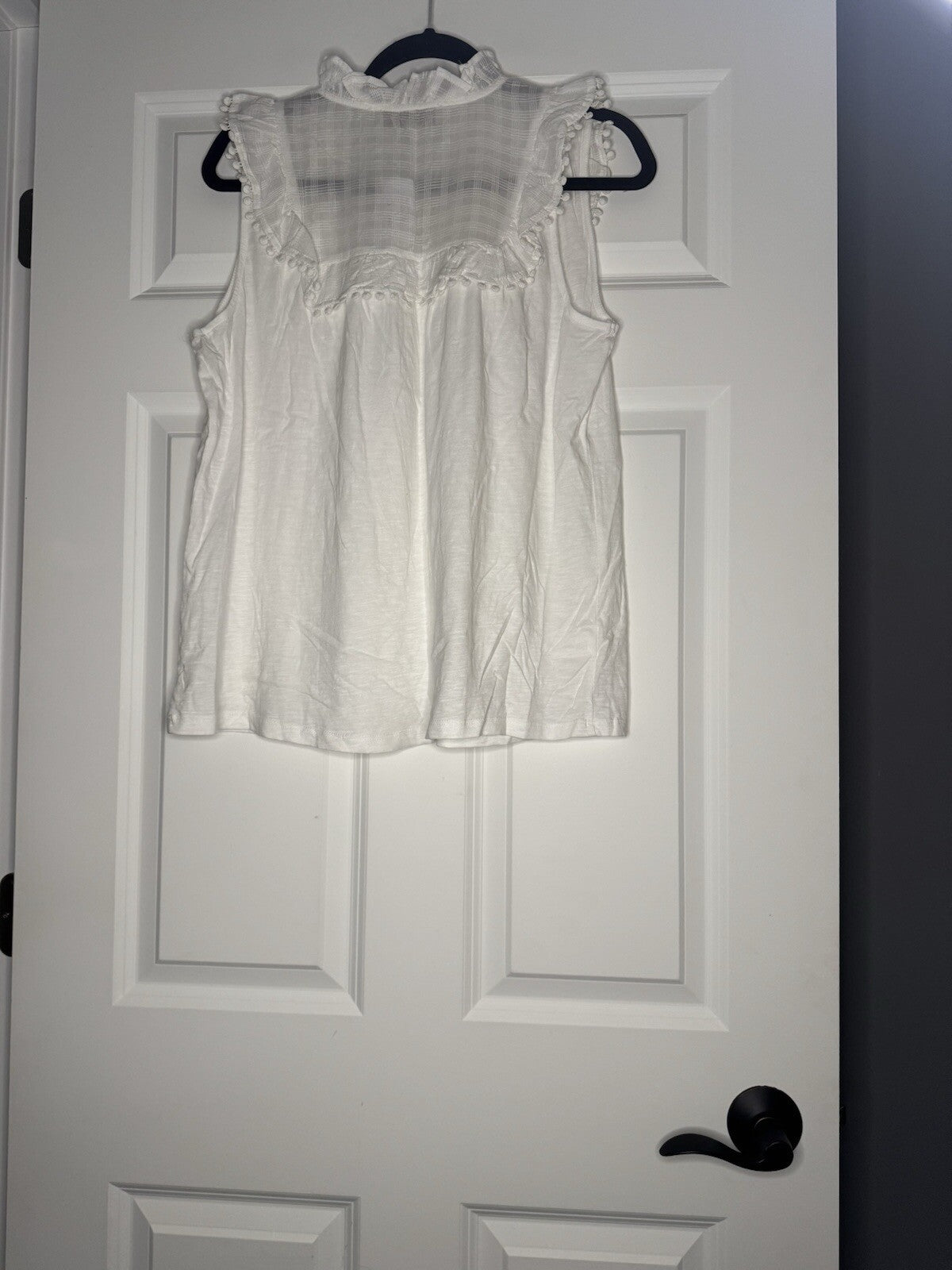 Loft Sleeveless Blouse W Lace And Pom Decor Around Bib Area White Large Nwt