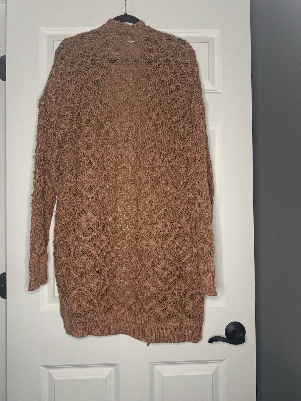Betseys Boutique Shop Xl Long Crochet Cardigan Mauvish Brown 