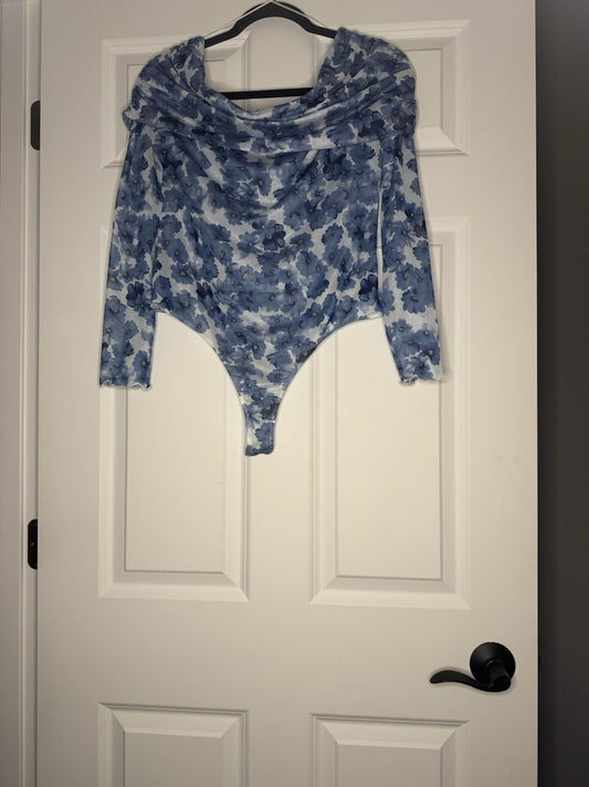 Vici Sheer Bodysuit Large Blue Yellow White Floral Print 
