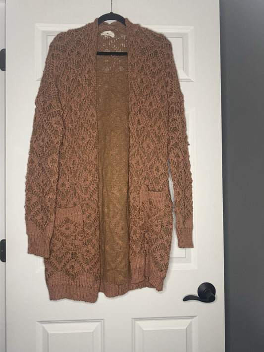 Betseys Boutique Shop Xl Long Crochet Cardigan Mauvish Brown 