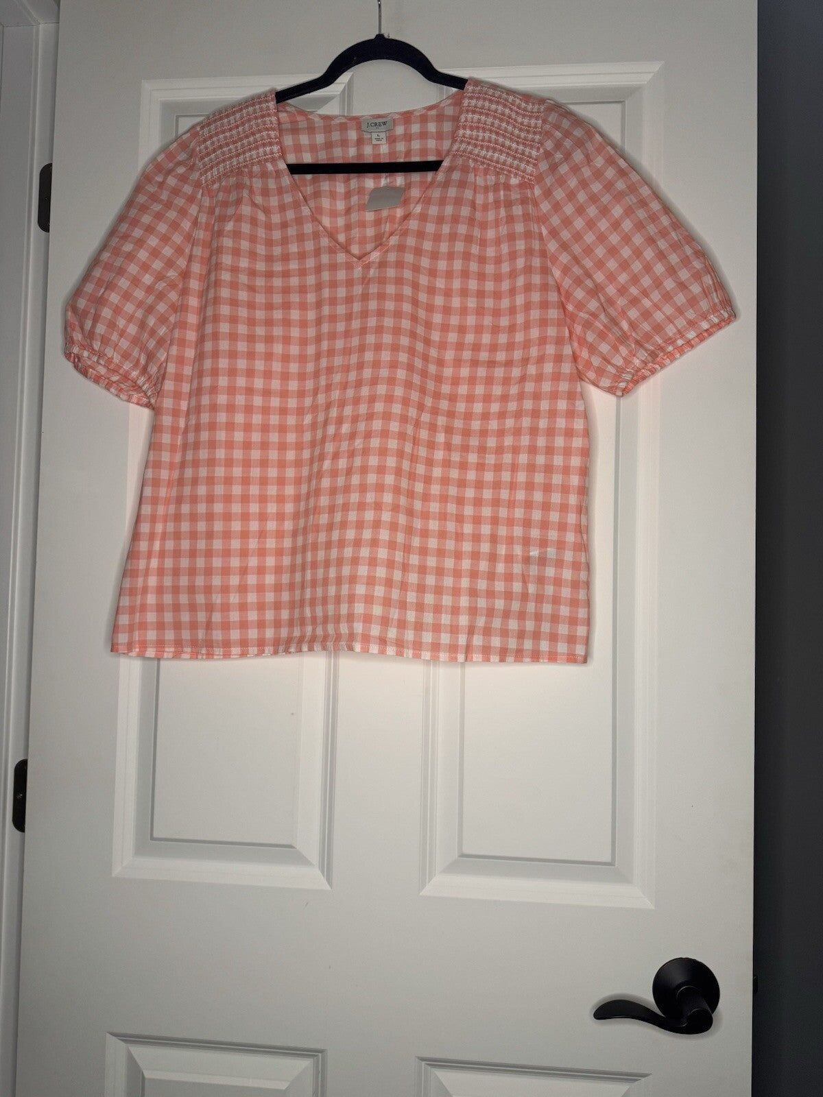 J Crew Short Sleeve V Neck Blouse Peach White Checkered Large Nwt 79.50