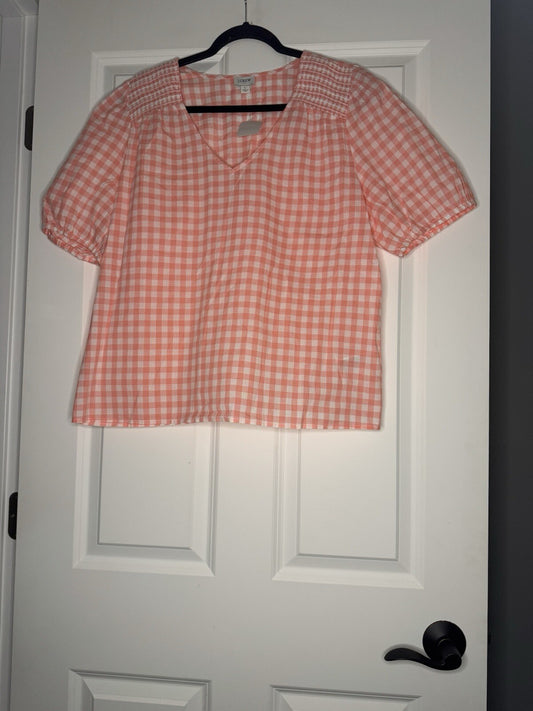 J Crew Short Sleeve V Neck Blouse Peach White Checkered Large Nwt 79.50
