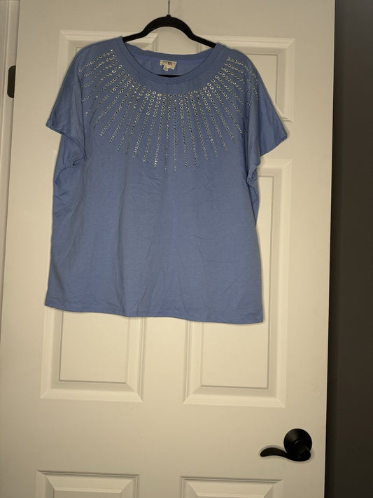 Bibi Short Sleeve Blouse Xl Blue W Beading Decor 