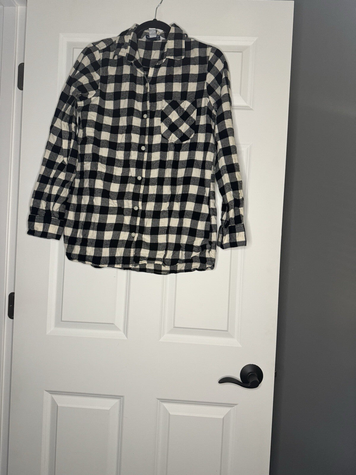 Old Navy The Tunic Shirt Button Up Medium Black Cream Checkered 