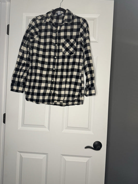Old Navy The Tunic Shirt Button Up Medium Black Cream Checkered 