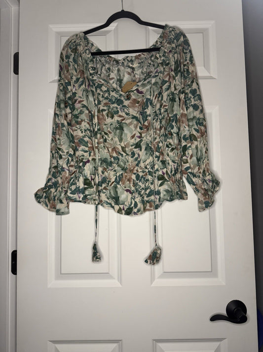 Kori Long Sleeve Blouse Large Green Cream Tan Floral Nwt 38 