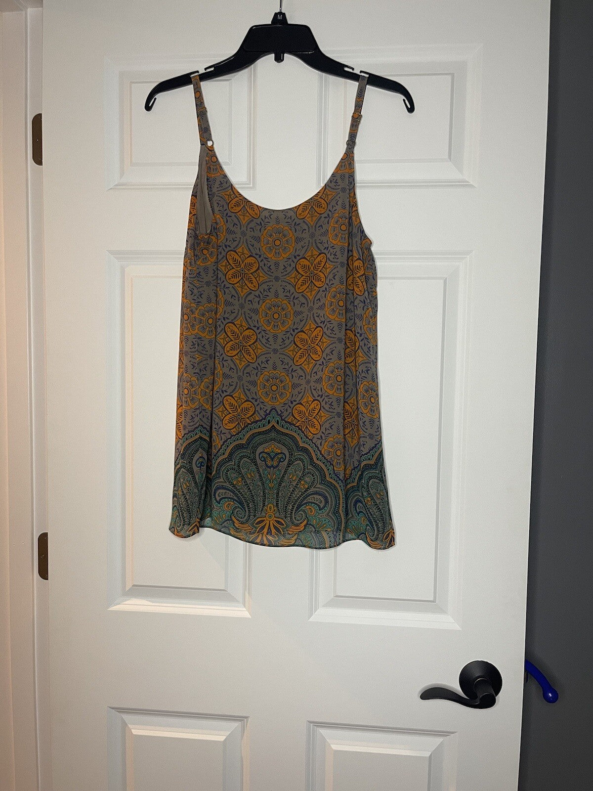 cabi sleeveless blouse small taupe orange blue green floral 