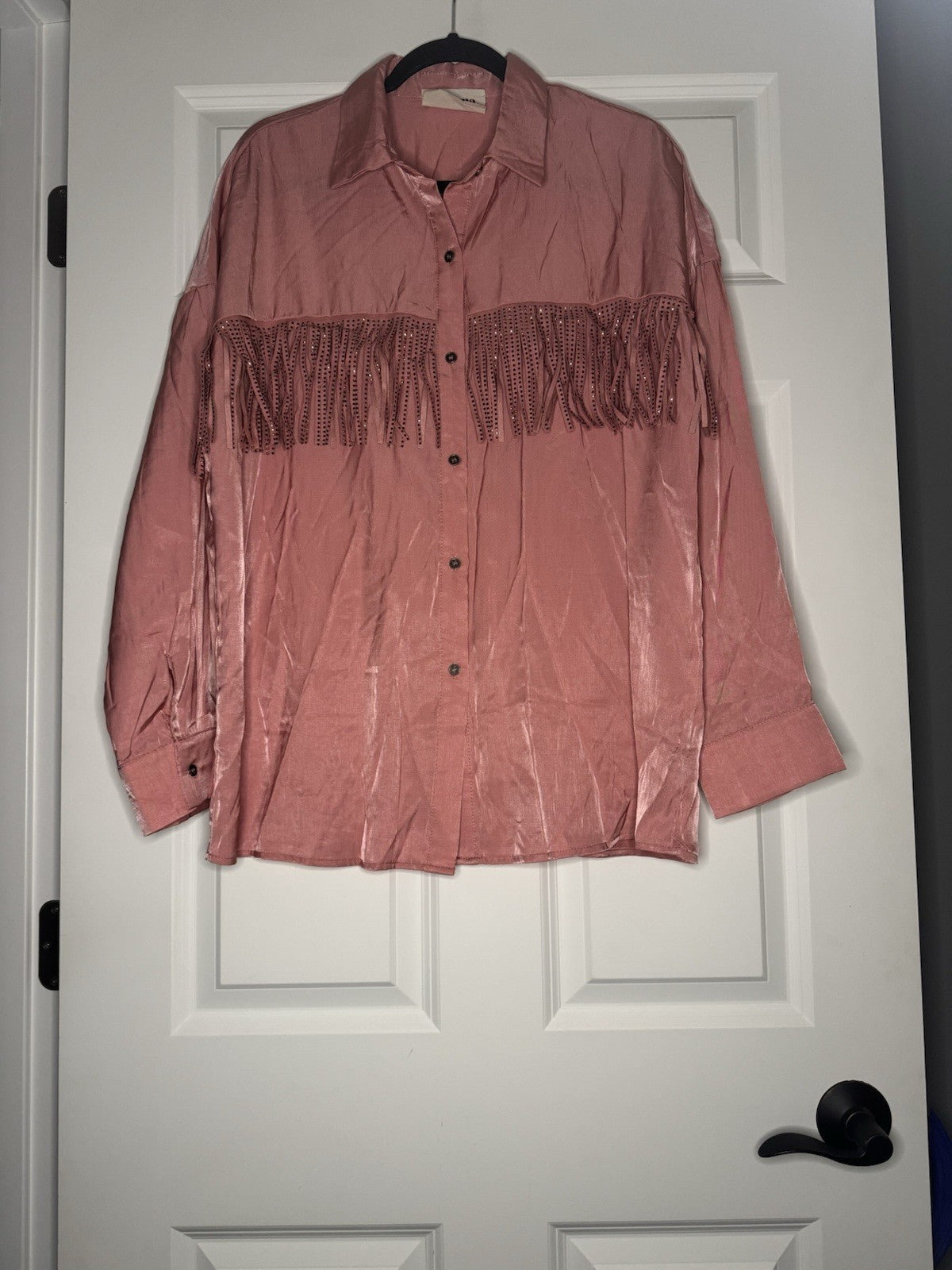 Savanna Jane Button Up Blouse Shiny Mauve W Beaded Fringe Large 
