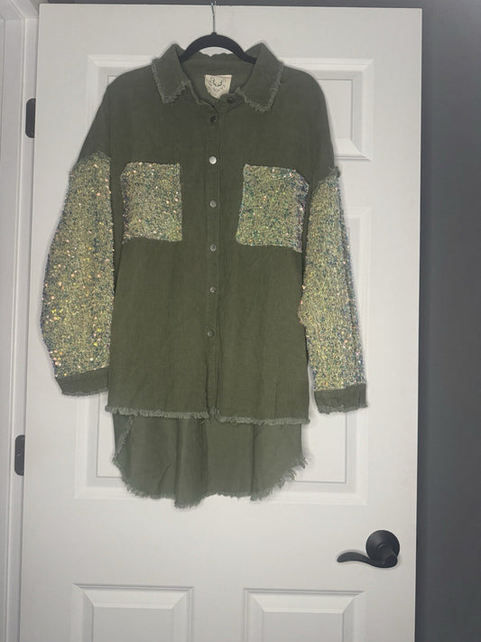 Fantastic Fawn Corduroy Shacket Large Green W Iridescent Sequins 